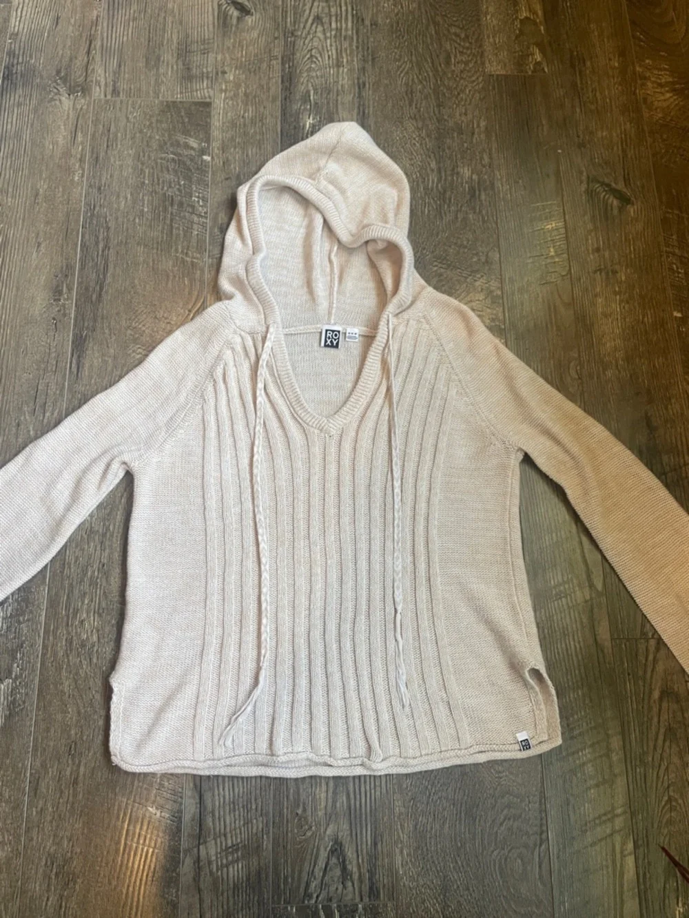 Roxy V-Neck Hoodie‎ Sweater in Light Beige Size Medium